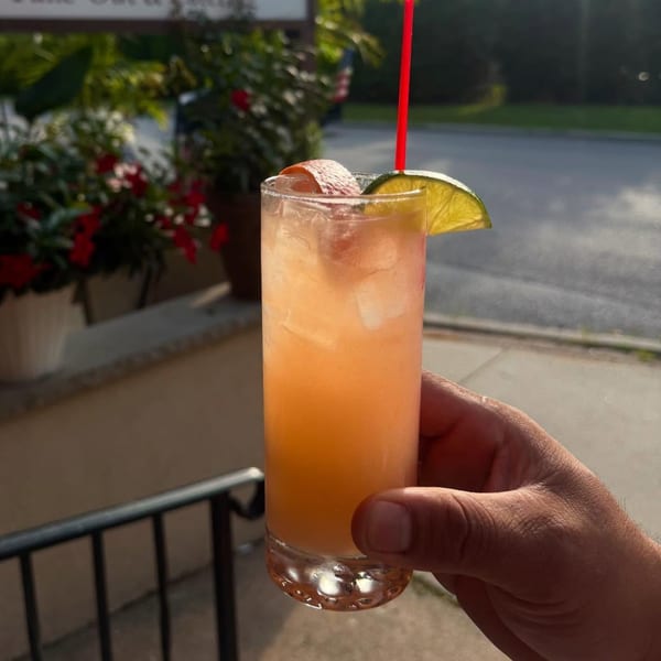 Hand holding a tall glass of pink cocktail with ice, garnished with lime and grapefruit peel.