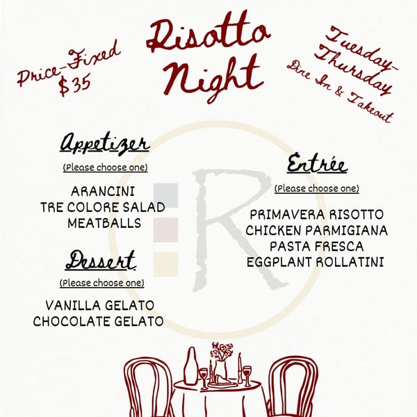A Risotto Night menu with appetizers, entrees, and desserts, and a small table illustration.