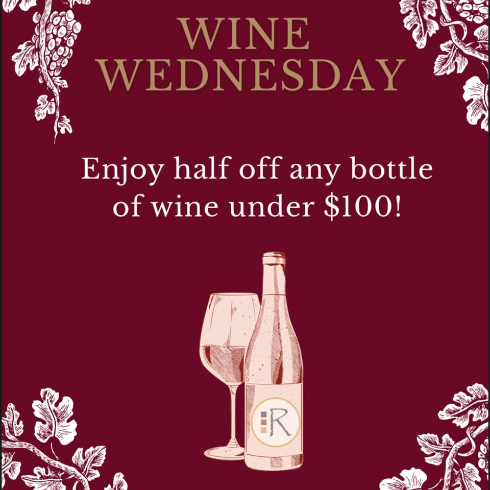 Wine Wednesday promotion with text, a wine bottle, and a glass on a maroon background.