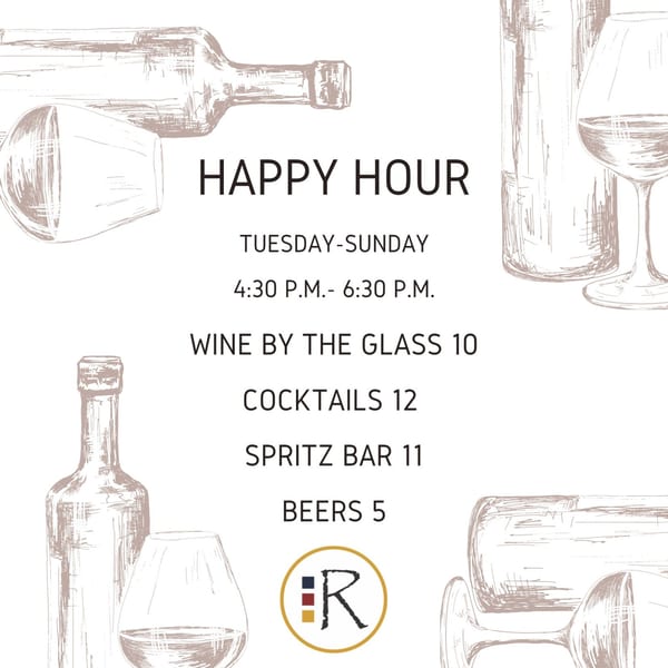 Happy Hour menu with times and prices for wine, cocktails, spritz, and beers, surrounded by sketched bottles and glasses.
