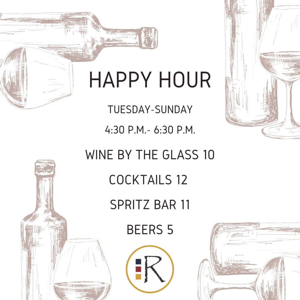 Happy Hour menu with times and prices for wine, cocktails, spritz, and beers, surrounded by sketched bottles and glasses.